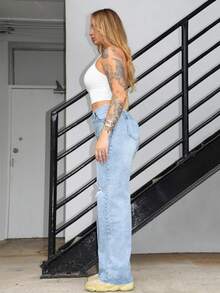 Arliah 女式前扣口袋做旧洗水直筒牛仔裤 - 淺色水洗藍 - 查看 6