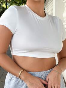 NegzBox Camisa Feminina Casual de Verão Ajustada, Top Cortado Manga Curta com Gola Redonda e Cor Sólida Simples - Branco - Visão 3