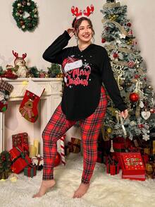 SHEIN Essnce Conjunto de duas peças plus size feminino, moda outono e inverno, casual, solto e confortável, com capuz e leggings xadrez vermelha, estampa natalina, roupas de outono, roupas femininas de Natal
