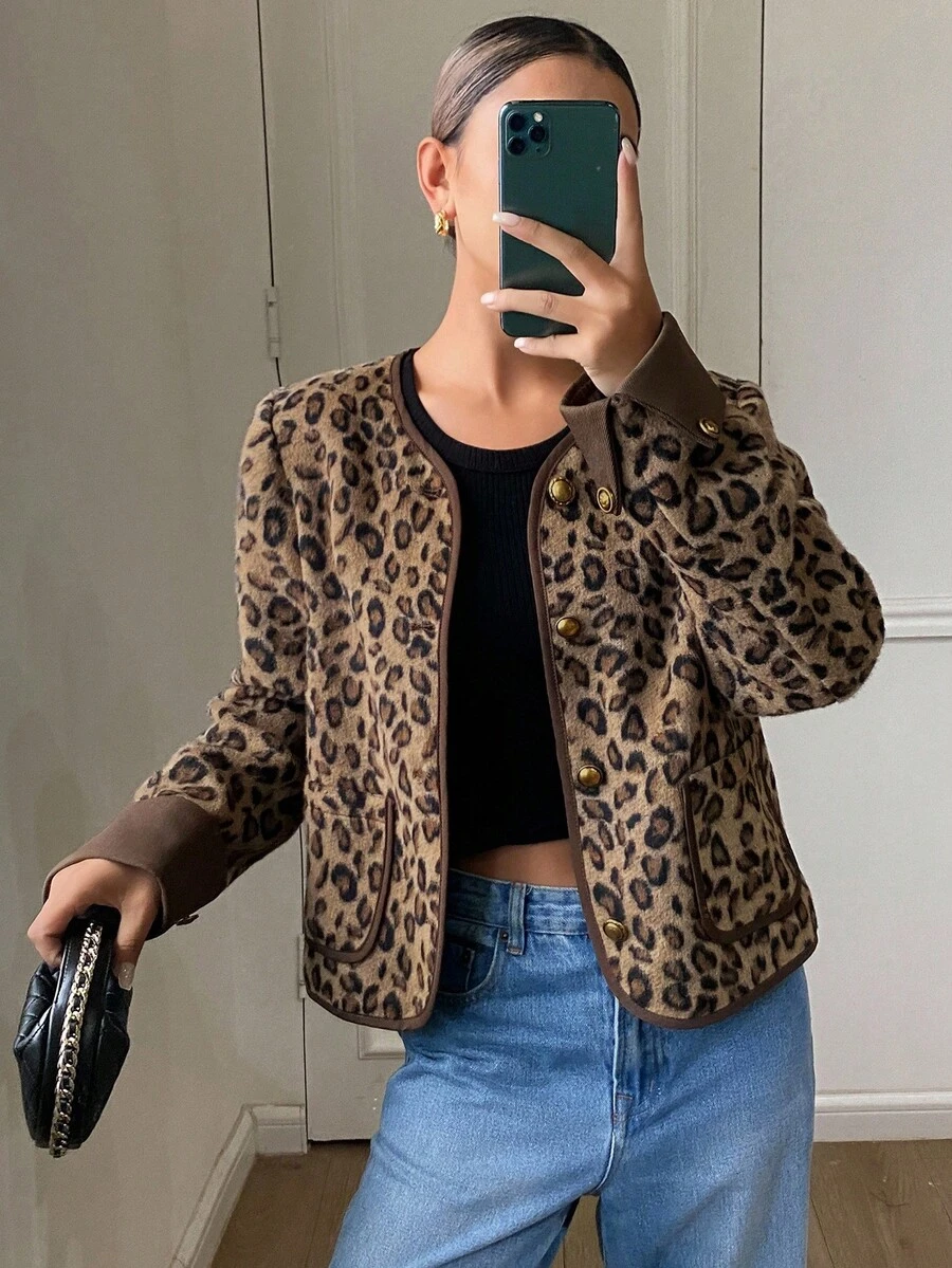 Livesso Women's Elegant Loose Jacket With Animal Print, Thermal Lining, Color Blocking, Suitable For Business Casual, New Year, Christmas, Autumn/Winter Leopard Print Women Coats - Brown - View 1