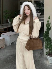 DAZY 女士秋季落肩毛绒连帽卫衣和阔腿裤休闲两件套运动服套装，女士家居服套装 - 黑色 - 查看 6