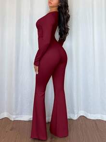 Rafferiza 欧美风格休闲金属装饰收腰长袖性感黑色高弹力女式连体裤 - 酒紅色 - 查看 2