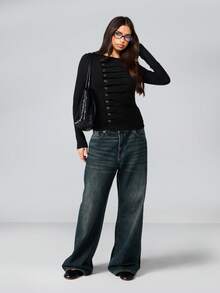 MISSGUIDED Áo tay dài cài nút có lỗ kim loại và thiết kế nhún phía trước cho trang phục thường ngày mùa đông - màu đen - Xem 4