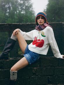 Bohemela Suéter Boho Estilo Americano com Estampa de Cereja para Mulheres, Outono/Inverno