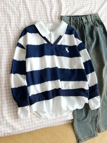Genkimix Kids 少女秋冬返校复古休闲卫衣，针织面料，蓝白条纹拼接，白色编织领，长袖，适合少女穿着，韩版休闲高端品质，秋冬适合上学、郊游、聚会、拍照等场合。 - 彩色 - 查看 3