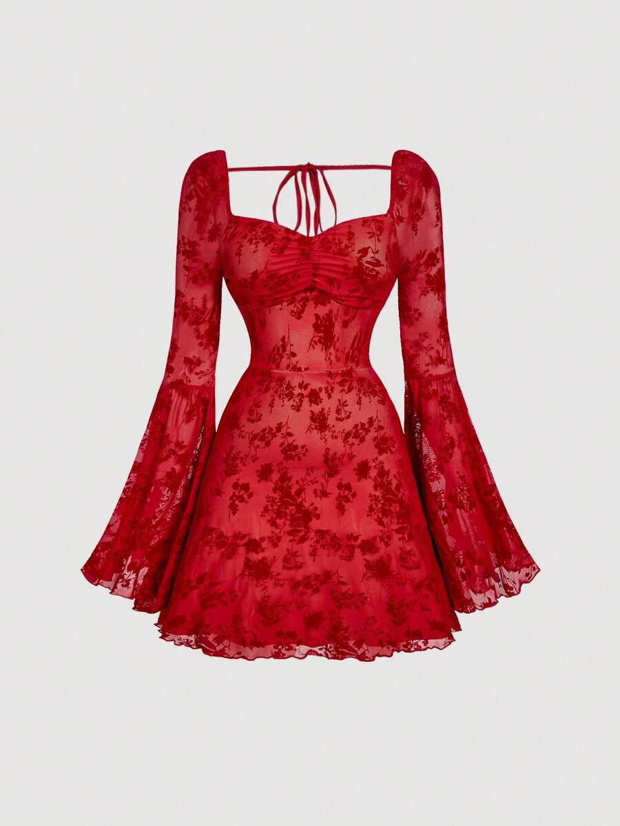 SHEIN MOD Váy cổ vuông tay chuông ren đỏ cỡ lớn - Đỏ - Xem 1