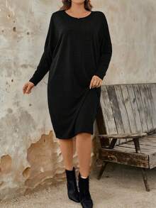 Plus Size Casual Fitted Crew Neck Knit Dress For Women