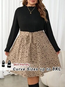 SHEIN CURVE+ 大码女式花卉印花立领带、腰带、下装和上装双色 A 字印花连衣裙 - 彩色 - 查看 4