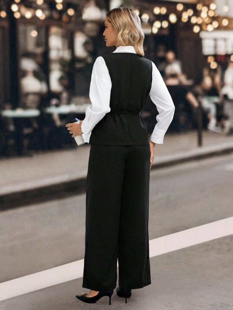 Women's Solid Color Tie Waist Vest And Wide Leg Pants Casual 2 Pieces Set Business Casual Woman Two Piece Outfits Black Suits For Woman Black Pants Suit Women Office Outfits For Women Two Piece Set For Women Fall Clothes For Women