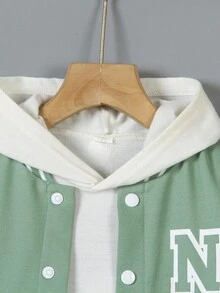 SHEIN 2pcs/Set Young Boys' Collegiate Style Outfit - Black Knit Top With White Sleeves & Large Letter N Print, Paired With Matching Printed Sweatpants, Ribbed Collar, Cuffs And Hem, Elastic Waist For Comfort, Casual & Sporty Look Suitable For Spring/Autumn, Daily Wear, School, Travel - Olive Green - View 5