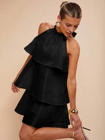 COSMINA Women's Solid Color Ruffle Neck Sleeveless Elegant Mini Dress Black Ruffle Dress Black Party Top,Wedding Guest Dress Women