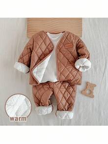 Loomiva 2pcs Baby Boy Decorative Knit V-Neck Long Sleeve Cardigan And Elastic Waist Pants Set - Multicolor - View 5