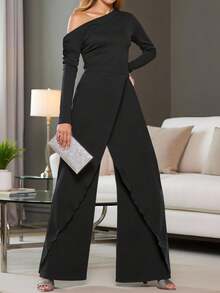 INAWLY Women's Autumn Casual Minimalist Oblique Shoulder Slit Wide Leg Jumpsuit Fall Cloth For Women - Black - View 4
