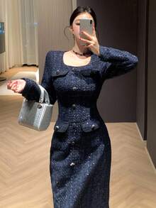 DAZY 女士优雅粗花呢翻盖细节长裙，秋季舞会礼服