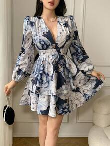 Celisse Women's Floral Print Deep V-Neck Lantern Sleeve Ruffle Hem Fashionable Mini Dress - Blue - View 4