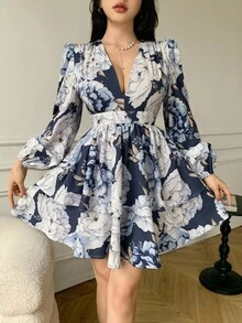 Celisse Women's Floral Print Deep V-Neck Lantern Sleeve Ruffle Hem Fashionable Mini Dress - Blue - View 5