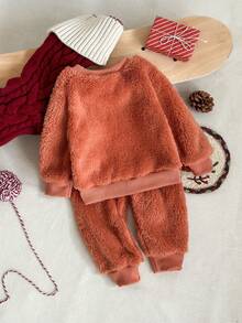 Playful Pals 幼儿男童可爱棕红色刺绣鹿绒圆领长袖上衣和羊毛裤套装，适合居家、休闲、日常穿着、角色扮演、秋冬 - 橘色 - 查看 2