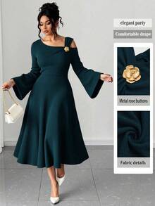 SHEIN Elenzya Đầm dự tiệc dài tay bồng bềnh dáng ôm dáng dài thanh lịch dáng ôm body màu trơn dệt kim lệch vai tay loe viền bèo nhún cỡ lớn cho nữ - Màu xanh ngọc - Xem 1