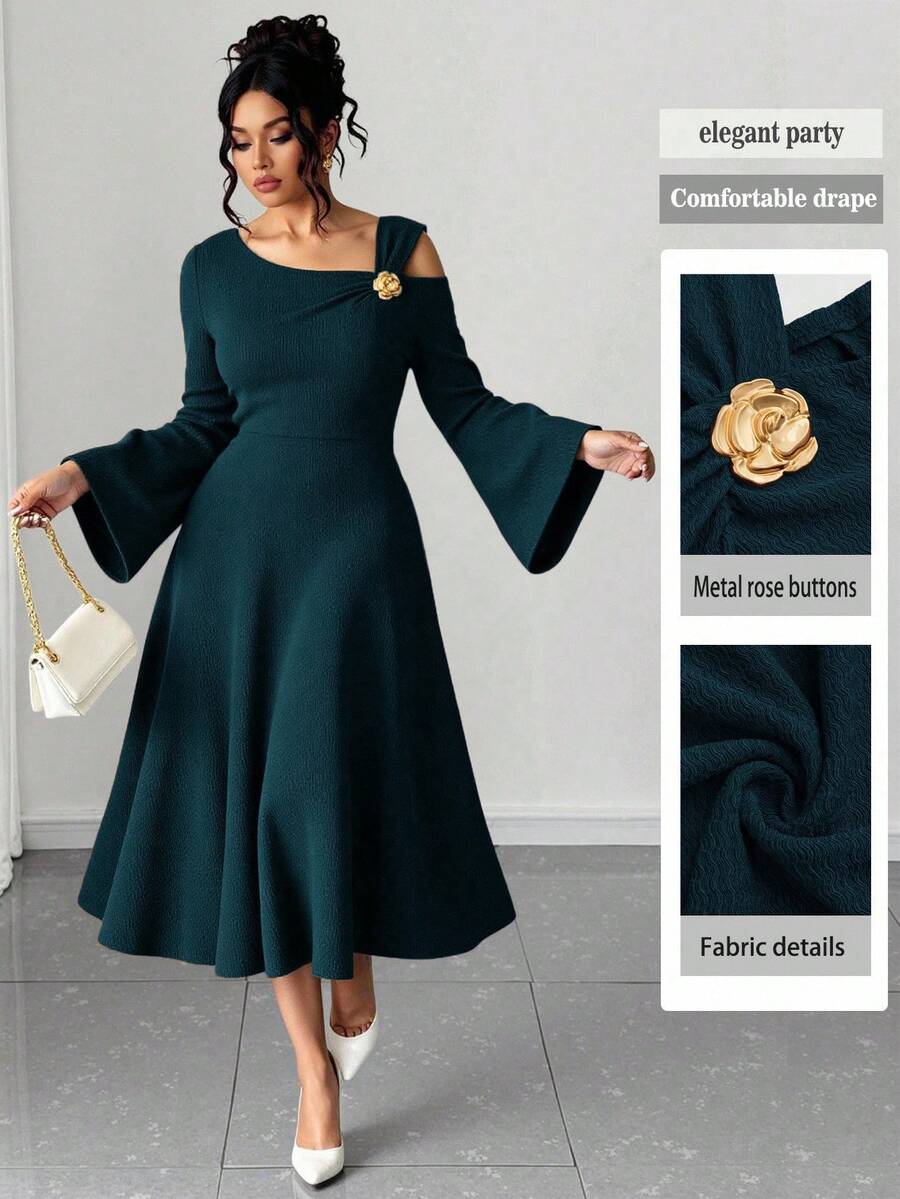 SHEIN Elenzya Đầm dự tiệc dài tay bồng bềnh dáng ôm dáng dài thanh lịch dáng ôm body màu trơn dệt kim lệch vai tay loe viền bèo nhún cỡ lớn cho nữ - Màu xanh ngọc - Xem 1