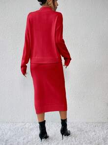 Almamuse Set de suéter de 2 piezas con top de manga larga de cuello alto y falda de punto casual - Rojo - Ver 2