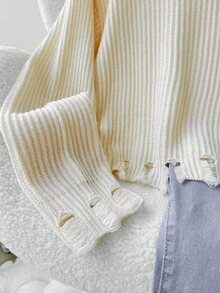 SHEIN 少女白色针织落肩长袖毛衣，休闲简约，冬季 - 米色 - 查看 4