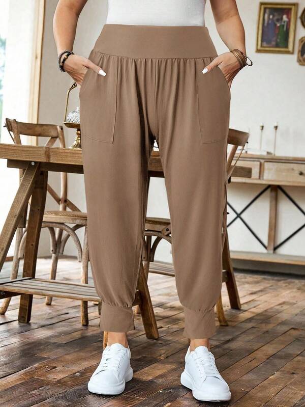 SHEIN LUNE Plus Size Fitted Cargo Green Sports Casual Pants