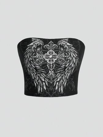 Goth Blusa de mujer de talla grande con estampado de cruz y alas en estilo gótico Y2K para otoño, Camiseta corta sin mangas de talla grande con estampado negra para otoño