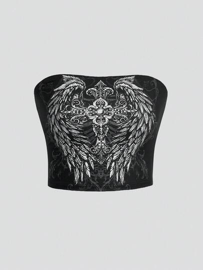 Goth Blusa de mujer de talla grande con estampado de cruz y alas en estilo gótico Y2K para otoño, Camiseta corta sin mangas de talla grande con estampado negra para otoño