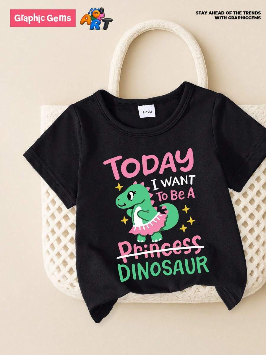 GraphicGems 女婴休闲恐龙印花粉色连衣裙和绿色圆领短袖 T 恤套装，夏季 - 黑色 - 查看 1