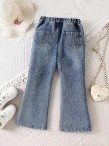 Tween Girls' Thermal Lined Star Embroidered Flare Jeans,Vintage Washed Blue Denim,Winter,School,Back-To-School,Streetwear,Blue And Orange,Non-Stretch - Blue - View 2