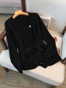 GlowEve CURVE Plus Size Solid Color Minimalist Casual Long Sleeve Cardigan - Black - View 3