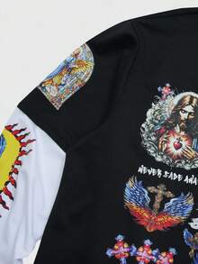 ROMWE MEN Street Life Men's Casual Religious Character Long Sleeve 2 In 1 T-Shirt, Fall - Black - View 4