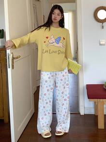 DAZY Cartoon & Letter Graphic Drop Shoulder Top & Pants PJ Set Fall Winter Clothes - Yellow - View 7