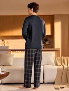 Manfinity Underwear&Sleepwear Basics 男士格子口袋长袖上衣和长裤家居服套装，秋冬服装，圣诞节