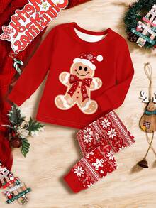 SHEIN Young Girls Festive Christmas, Christmas Red, Cute Cartoon Gingerbread Man Mini Bow Print, Vibrant Fair Isle Pattern Print, Family Party, Young Girl Casual Thermal Lined Soft Comfortable Long Sleeve Pants Pajama Set, Suitable For Autumn/Winter