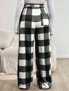 SHEIN 孕妇格子抽绳腰口袋阔腿宽松抓绒裤，秋冬 - 黑與白 - 查看 2