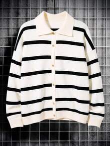 SHEIN White Striped Collared Drop Shoulder Knit Cardigan Sweater For Teenage Boys,Autumn Back-To-School Versatile Casual Knitwear For School,Daily,Party - Multicolor - View 1