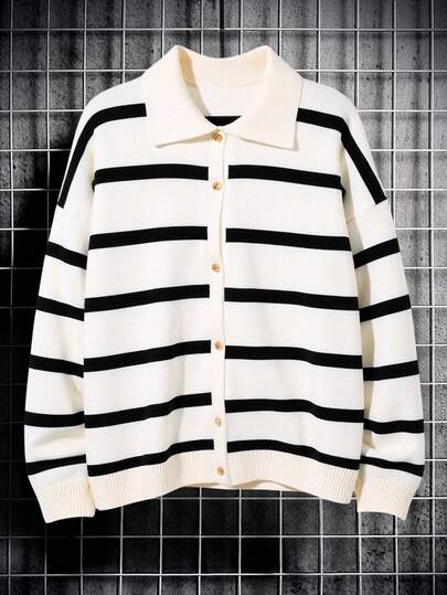 SHEIN Randig stickad kofta med krage och nedsänkta axelband för tonårspojkar, mångsidig, matchande passform, lämplig för hemmet, pendlingen, skolan, vardagen, resor, utomhus, festen, hösten/vintern