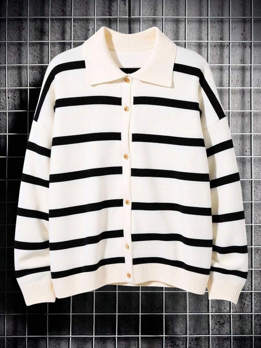 SHEIN White Striped Collared Drop Shoulder Knit Cardigan Sweater For Teenage Boys,Autumn Back-To-School Versatile Casual Knitwear For School,Daily,Party - Multicolor - View 1