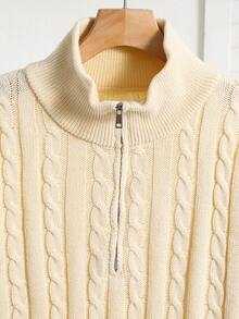 SHEIN Teens Boys' Casual Comfortable Versatile Solid Color Turndown Collar Half Zip Front Sweater