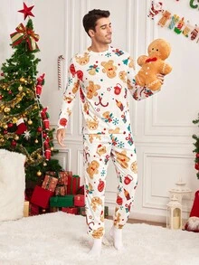Velminro 男士姜饼印花长袖上衣和裤子睡衣套装，秋季服装，圣诞节 - 紅白色 - 查看 6
