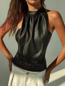 Aloruh Women's Y2K Sexy Strapless Backless Crop Top, Coated Fabric, Fitted Party Wear, Autumn/Winter - Black - View 6