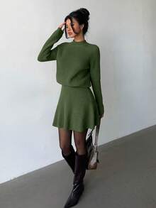 Elenzga Women Loose Casual Round Neck Textured Top And Pleated Skirt 2 Pieces Set - Army Green - View 3