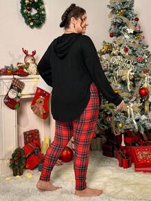 SHEIN Essnce Conjunto de duas peças plus size feminino, moda outono e inverno, casual, solto e confortável, com capuz e leggings xadrez vermelha, estampa natalina, roupas de outono, roupas femininas de Natal