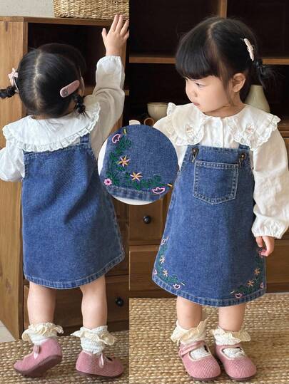SHEIN Baby Girl Cute Blue Denim Pinafore Dress With Floral Embroidery,Homecoming Dress,Hoco Dressses,Fall Clothes,Winter Clothes , Casual And Fashionable Vacation Outfits