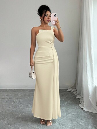 Rafferiza Damklänning i enfärgad, minimalistisk, daglig stil, rynkad midja, pärlhalsad axel, bodycon-klänning