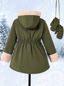 SHEIN Tween Girls' Casual All-Match Versatile Daily School Autumn/Winter Warm Khaki Faux Fur Lining Patchwork Black Padded Coat, With Gloves - Army Green - View 2