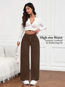 Flexra Women's Button Front Pocket Wide Leg Loose Casual Jeans - Coffee Brown - View 5