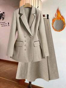 Franclia 女士时尚法式通勤套装，翻领黑色拼色杏色西装外套 A 字中长杏色裙子秋冬套装 - 杏色 - 查看 1