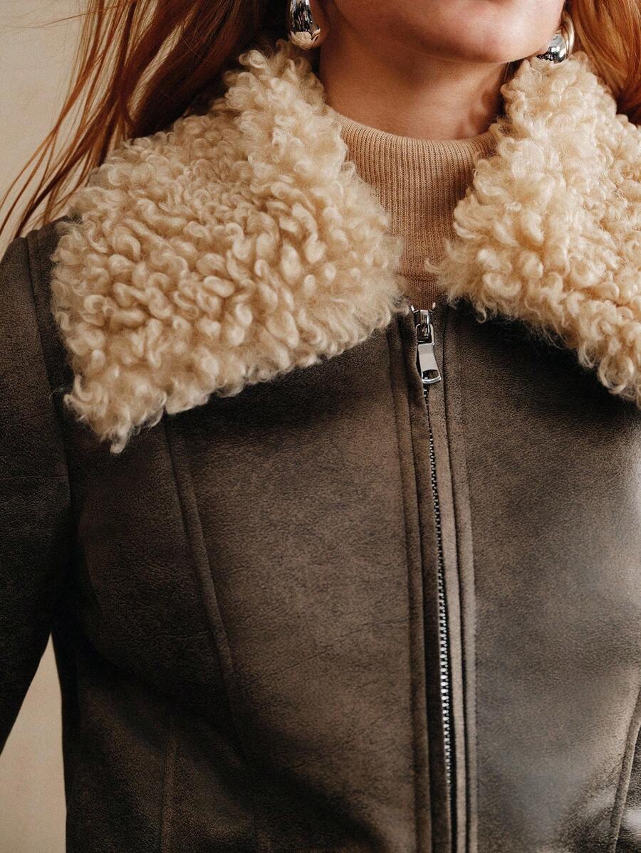 Aveloria Damenjacke aus Pelz und Leder mit schmaler Taille, kurzer Schnitt, pelziges großes Reversdesign, Bündchen mit offener Kante, versteckte Taschen, vielseitige schmale Passform, Freizeitjacke für den täglichen Weg zur Arbeit, Herbstkleidung für Damen, Winterkleidung für Damen, Damen-Winterjacke mit Reißverschluss - Dunkelgrau - Übersicht 1